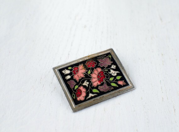 Rectangular cloisonne vintage brooch with the flo… - image 6