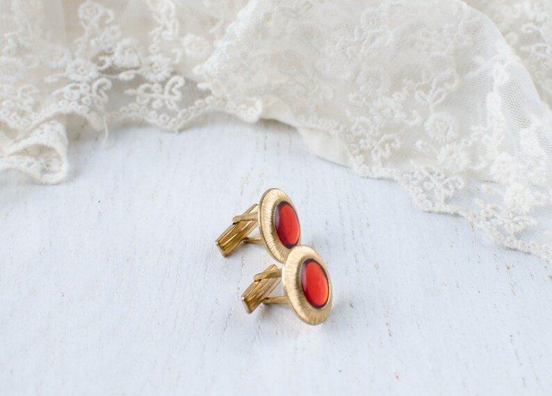 Vintage cufflinks with decorative red acrylic insert image 4