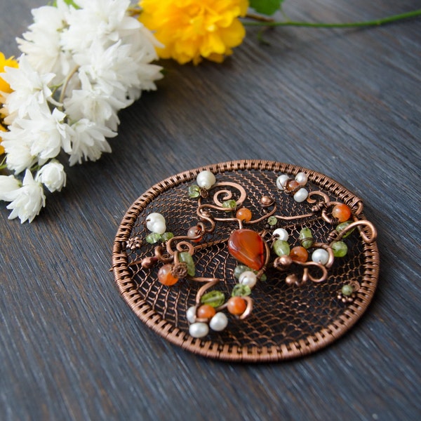 Carnelian round brooch  spring trend jewelry, copper brooch with flowering branch,branch jewelry