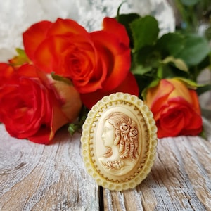 Celluloid Cameo vintage brooch,  early plastic ivory antique cameo
