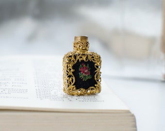 Vintage tiny petit point filigree perfume bottle Collectible bottle with embrodery art