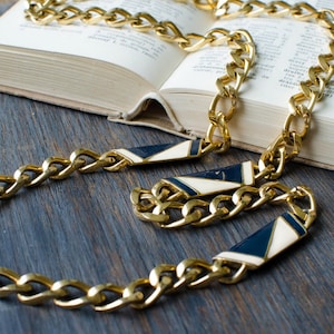 Monet Gold Tone Heavy Necklace with Navu Blue and Cream Enamel Links , Vintage Statement signed sautoir from the 1980s