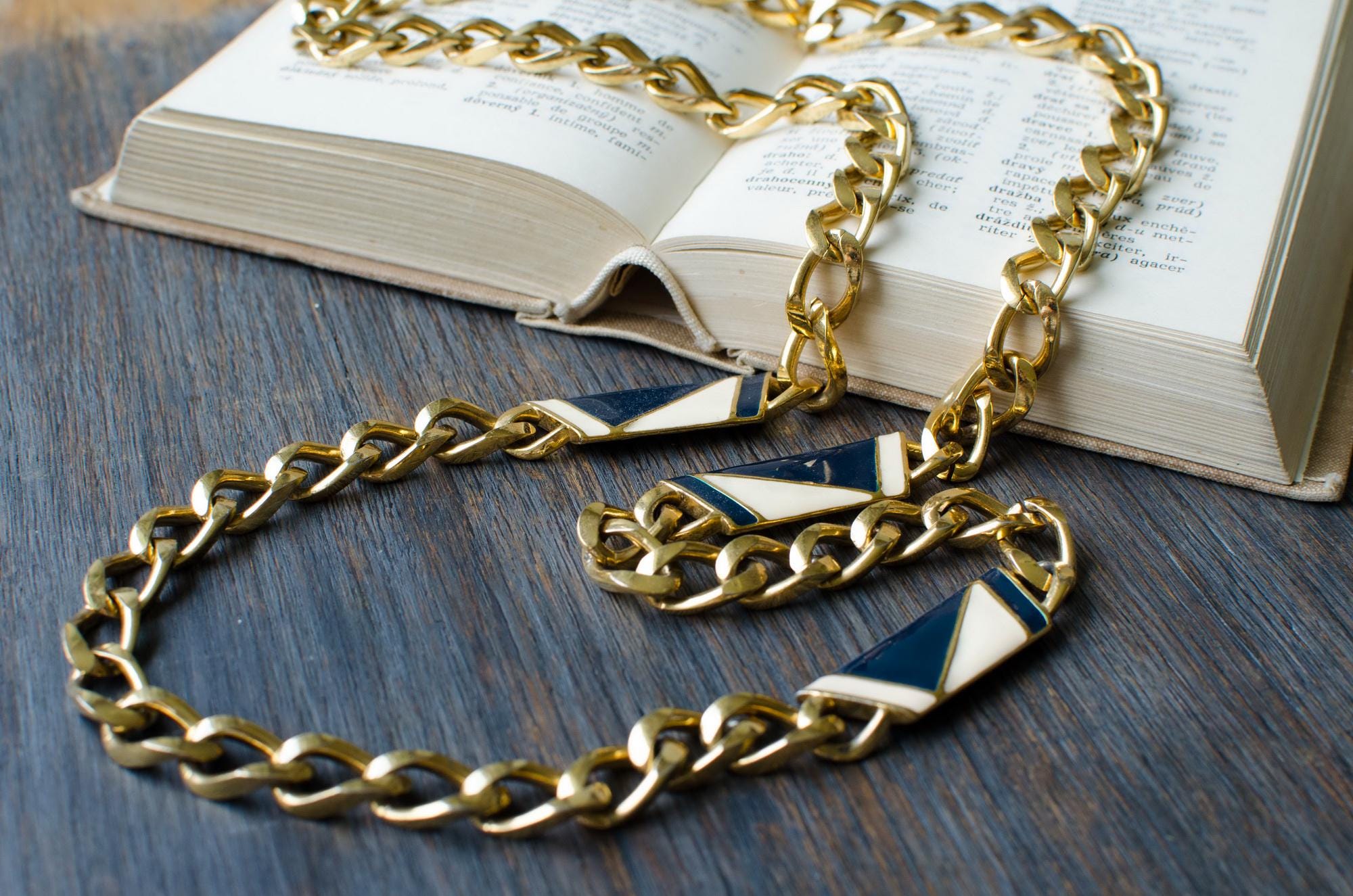 Monet Gold Tone Heavy Necklace with Navu Blue and Cream Enamel Links , Vintage Statement signed sautoir from the 1980s