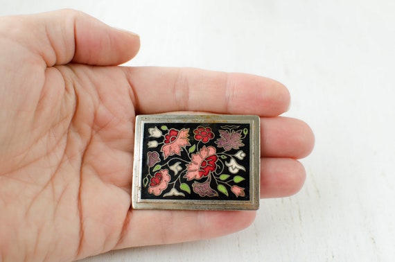 Rectangular cloisonne vintage brooch with the flo… - image 5