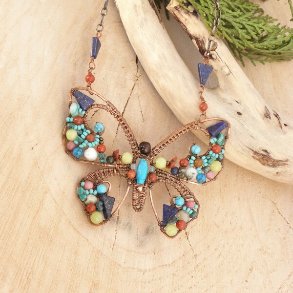 Turquoise Butterfly mosaic pendant, butterfly jewelry, wire wraped gemstone butterfly necklace