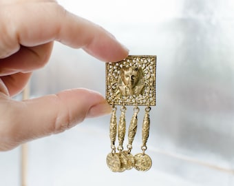 Egyptian Revival Pharaoh Vintage Brooch with coins dangle, Openwork square brooch with the head of the pharaoh