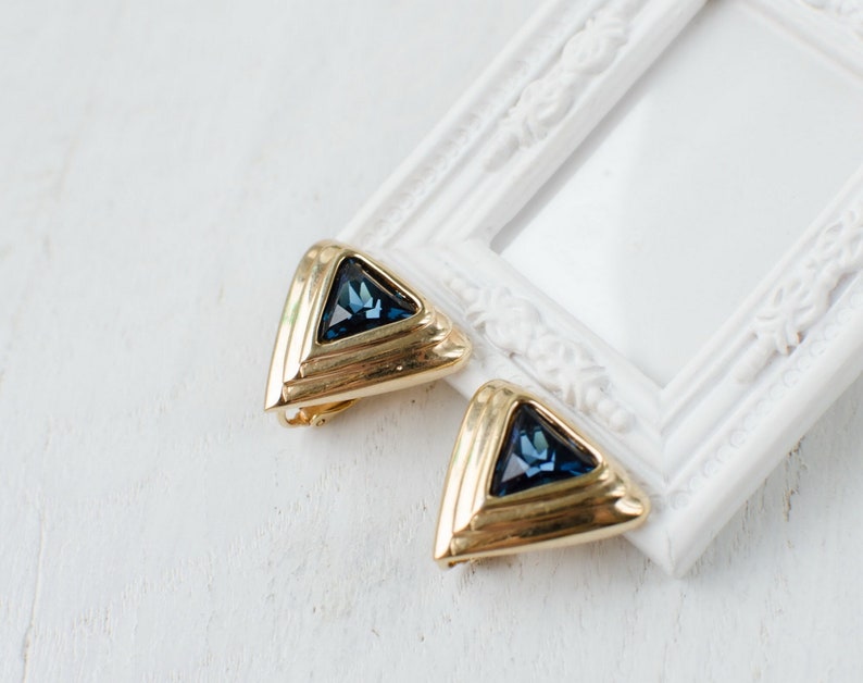 Triangular clip on earrings with navy blue crystals image 1