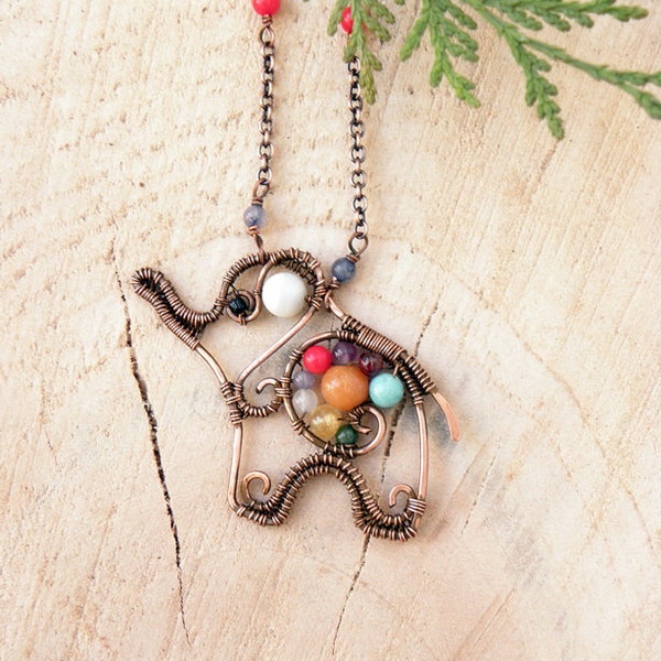 Elephant necklace animal jewellery, wire wraped animal pendant,  elefant necklace inspired by nature