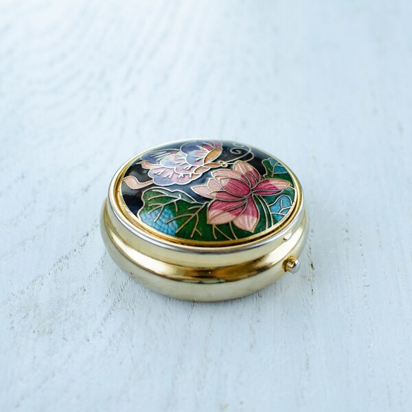 Cloisonne vintage pill box Black Enamel with colorful butterfly and lotus