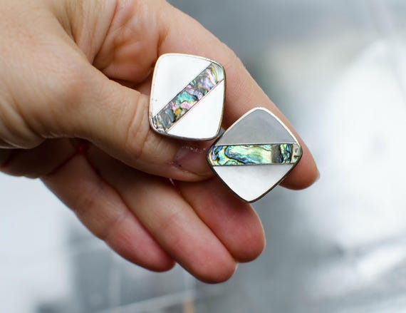 Vintage Large rectangular cufflinks with abalone … - image 4