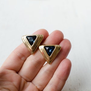 Triangular clip on earrings with navy blue crystals image 6