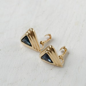 Triangular clip on earrings with navy blue crystals image 3