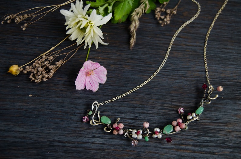 Silver Floral necklace Pink flower Romantic botanical jewelry pearl flower jewelry one of a kind choker unique gift for her