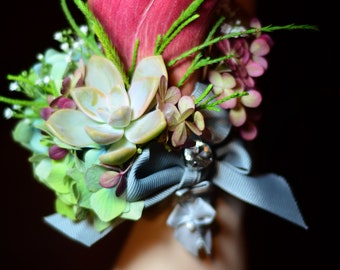 NFS (Not For Sale)/Example Only Succulent Wrist Corsage. Boho Corsage. Burgundy/Maroon Wedding Corsage. Burgundy and Blue.