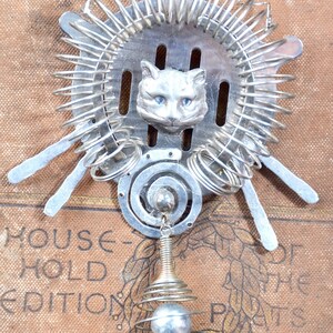 Whimsical Handmade CAT BROOCH | Repurposed Recycled Jewelry | Kitsch Kitty Cat | Statement Brooch Cook | Cats and Kitchens | for the Cook