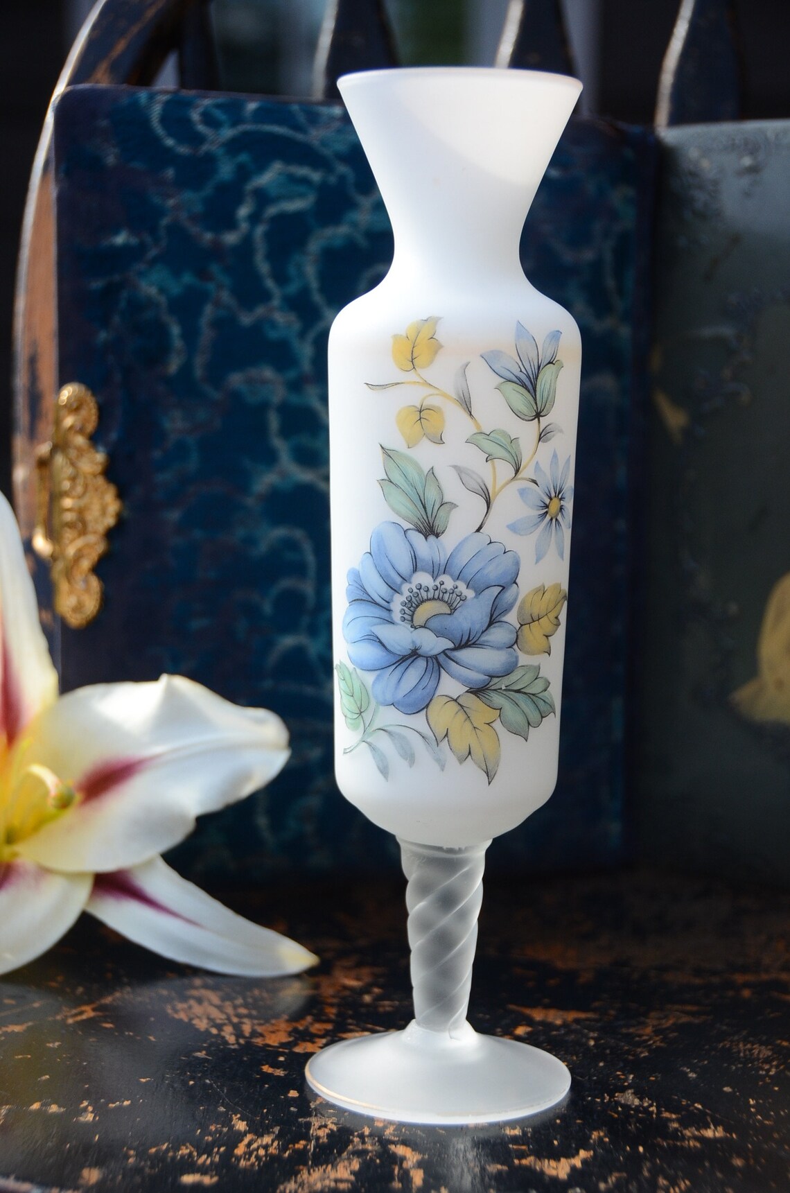 NORLEANS Satin Frosted Glass VASE Footed Blue Yellow Etsy