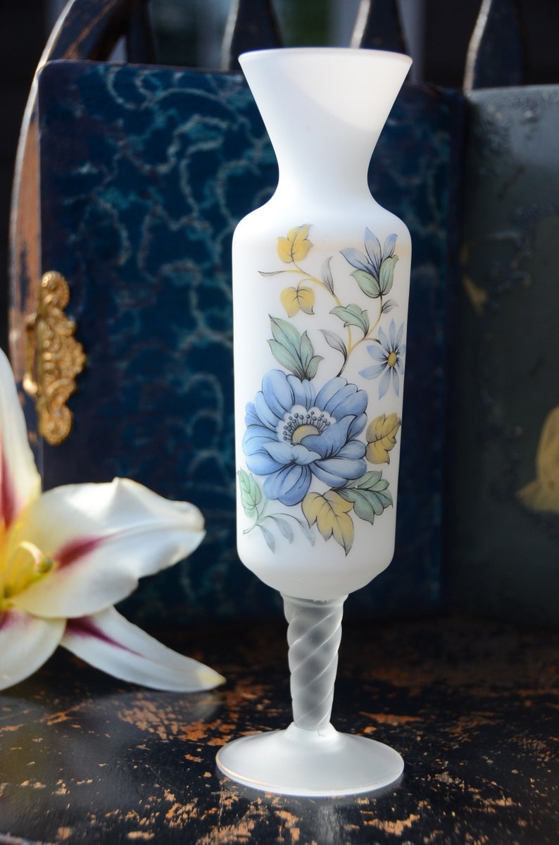 Satin Frosted Glass VASE Footed Blue and