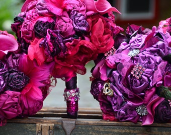 Made to Order-Example Only | Hot Pink Brooch Bouquets Package |Fabric Flower Bouquets | Heirloom, Jewelry Bouquet | Pink Wedding Bouquet