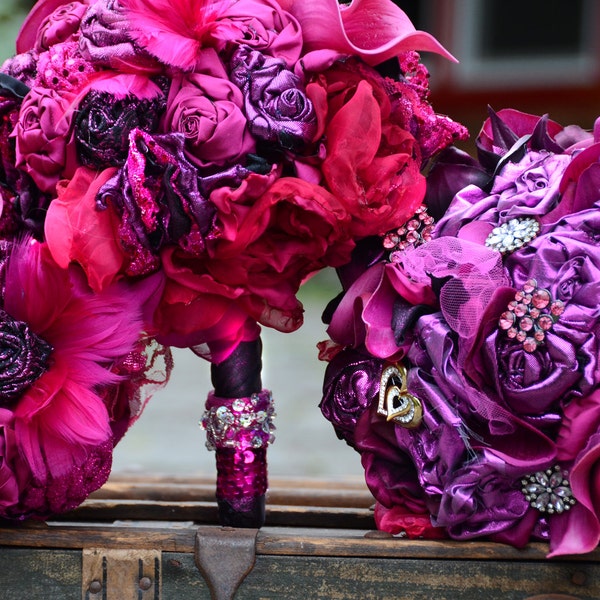 Made to Order-Example Only | Hot Pink Brooch Bouquets Package |Fabric Flower Bouquets | Heirloom, Jewelry Bouquet | Pink Wedding Bouquet