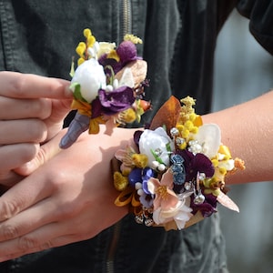 White, Plum, Gold CORSAGE & BOUTONNIERE | Wristlet and Buttonhole | Formal Flowers Silk | Homecoming Dance Prom Flowers