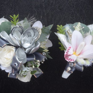 Silver CORSAGE & BOUTONNIERE | Grey White Silver Prom Flowers | Succulent Homecoming Prom Flowers | Metallic Chrome Galaxy Prom Flowers