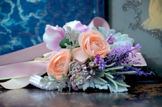 Corsage Mother Peach Ranunculus and Succulent Corsage Peach WRIST CORSAGE Peach Bridal flowers Silk flower Corsage Purple and Peach