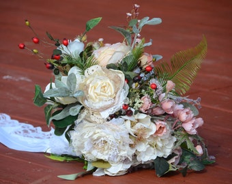 BRIDAL BOUQUET | Silk Bridal Wedding Bouquet | Fabric Flower Bouquet|White Bouquet|Rustic Bouquet|Faux Flower Bouquet|Peach Wedding Bouquet
