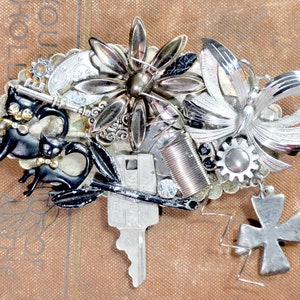 Handmade CAT BROOCH PIN | Steampunk Neo Victorian Cat Brooch | Silver Cat Jewelry | Repurposed Vintage Jewelry | Recycled Jewelry Art