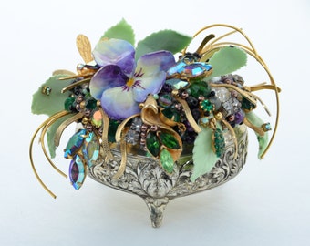 SOLD Ring Box. Vintage Jewelry Box with Porcelain Flowers and Vintage Jewelry. Valentine's Gift. Engagement. Gift Ideas for Her.