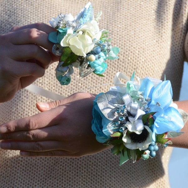 Aqua, Light Blue, and White CORSAGE & BOUTONNIERE | Formal Flowers Silk | Homecoming Dance Prom Flowers | Beach Tropical Prom Formal