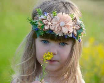 Child FLOWER CROWN Champagne Beige|Toddler Headband Flower Crown|Flower Girl Hair Crown Headband Fabric Flowers | Rustic Wedding Flower Girl