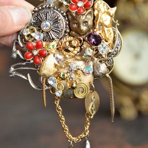 Upcycled JEWELRY BROOCH | Handmade Cat Brooch with Vintage Jewelry | Cat Jewelry | Steampunk | Statement Jewelry | Cat Lover Gift
