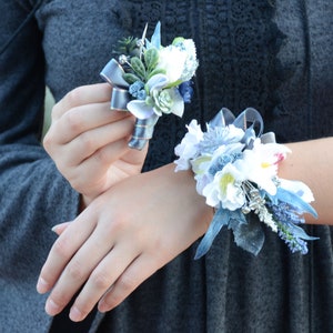 Formal Silk CORSAGE & BOUTONNIERE | Light Blue and White Wristlet and Buttonhole with Succulents | Formal Homecoming Dance Prom Flowers