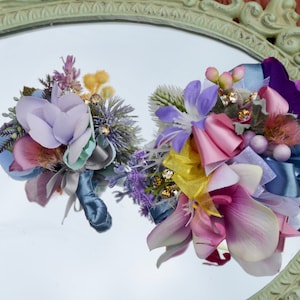 Tropical CORSAGE & BOUTONNIERE | Purple, Blue and Yellow | Wristlet and Buttonhole | Formal Flowers Silk|Homecoming Dance Prom Flowers
