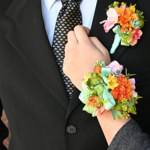 TROPICAL Wrist Corsage and Matching Boutonniere | Prom Flowers | Homecoming Matching Corsage and Lapel Flowers Set | Pink, Orange, Yellow
