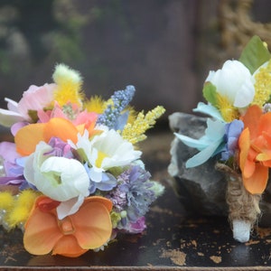 Tropical Silk CORSAGE BOUTONNIERE |Orange, Blue, Pink, White, Yellow Homecoming Prom Corsage & Boutonniere Silk Flowers |Dance Flowers