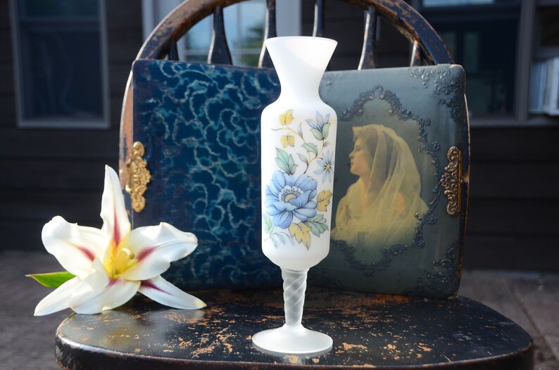 Satin Frosted Glass VASE Footed Blue and