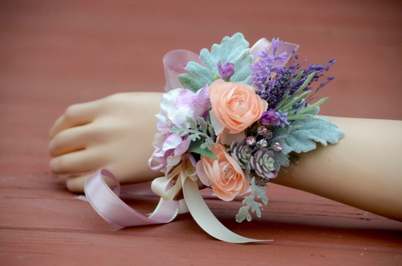 Corsage Mother Peach Ranunculus and Succulent Corsage Peach WRIST CORSAGE Peach Bridal flowers Silk flower Corsage Purple and Peach