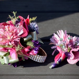 CORSAGE & BOUTONNIERE | Hot Pink, Mauve, Green, Blue and Purple | Formal Flowers Silk | Homecoming Dance Prom Flowers | Pink and Green