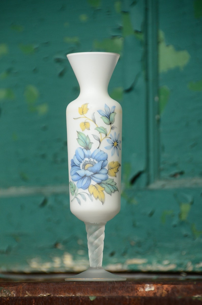 Satin Frosted Glass VASE Footed Blue and