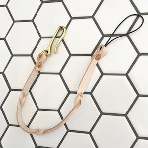 Ready to ship! Twisted Leather Wallet Tether w/ Brass Belt Hook - natural veg tan