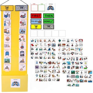 May include: A yellow visual schedule with morning and evening sections, featuring illustrated cards for daily routines. Includes "First," "Then," and "All Done" sections, plus a set of additional activity cards.