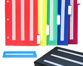 May include: Set of six colorful file folders with white hook and loop fasteners. The folders are red, yellow, green, blue, and purple. The folders are shown with a black binder with white hook and loop fasteners.