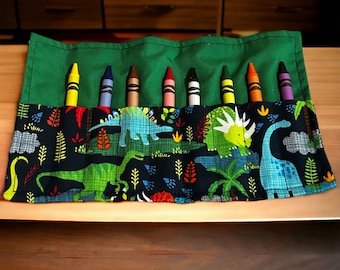 Small Green and Gray  Dino Dinosaur on the go roll up crayons case kit for toddlers and kids ABA therapy learning tool
