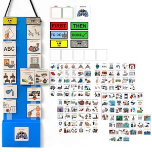Puede incluir: Un tablero de programación visual azul con tarjetas que ilustran rutinas diarias. Incluye tarjetas para "Mañana", "Tarde", "Primero", "Luego" y "Todo Hecho". Otras tarjetas muestran actividades como escribir, matemáticas, comer y usar la computadora.