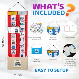 May include: A red visual schedule board with activity cards, measuring 16-18 inches in height and 5 inches wide. Includes a hanging loop, all-done caddy box, and picture cards. The text "WHAT'S INCLUDED" and "EASY TO SETUP" are visible.