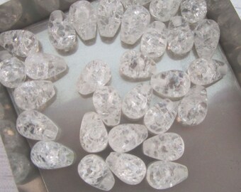 Clear Glass Crackle Beads / Half Drilled Hole Frost Ice Crackle Drops / Tear Drop Beads / Jewelry Making 10 pcs