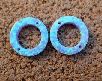 14MM Round Circle Connector Spacer Links Opal Pendant Bead / Light Blue Lab Opal / 2 front holes / 2 pcs
