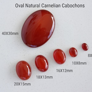 Könnte beinhalten: Sortiment von sechs ovalen Karneol-Cabochons in verschiedenen Größen von 8x6mm bis 40x30mm. Die Steine sind tiefrot und haben eine glatte, polierte Oberfläche.
