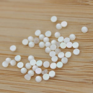 以下が含まれることがあります： 木製の表面に散らばった、白い虹色の丸い貝殻ビーズの集まり